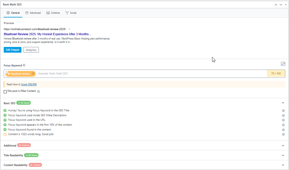 RankMath review dashboard showing Pro SEO analysis interface with keyword optimization and scoring system