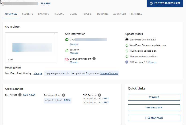 Bluehost review dashboard showing WordPress Basic Hosting plan interface