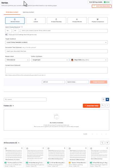 SurgeGraph review dashboard showing Vertex AI content creation interface and multiple content type options